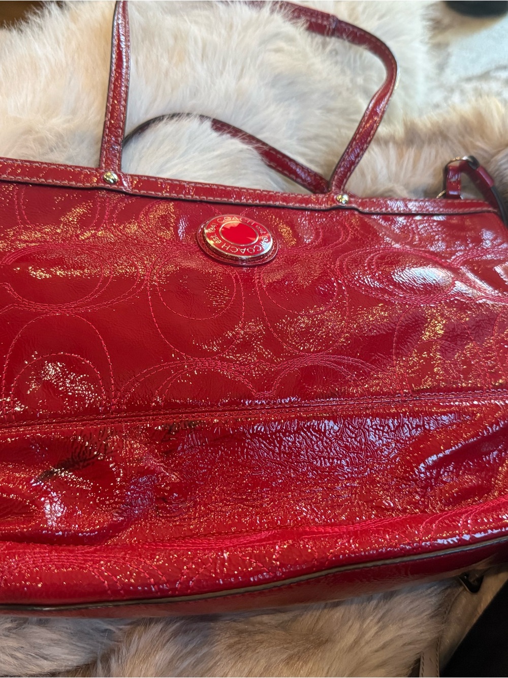Coach Patent Red Tote with Signature Logo Medallion Vintage